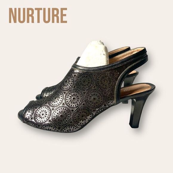 Nurture Women's Size 8.5M Silver/Black Leather Peep Toe Slingback Heels - Picture 1 of 8